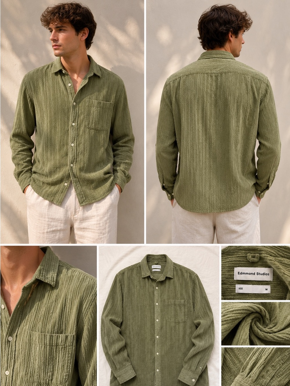 Light Olive Green Corduroy Button-Down Shirt - Casual Long Sleeve